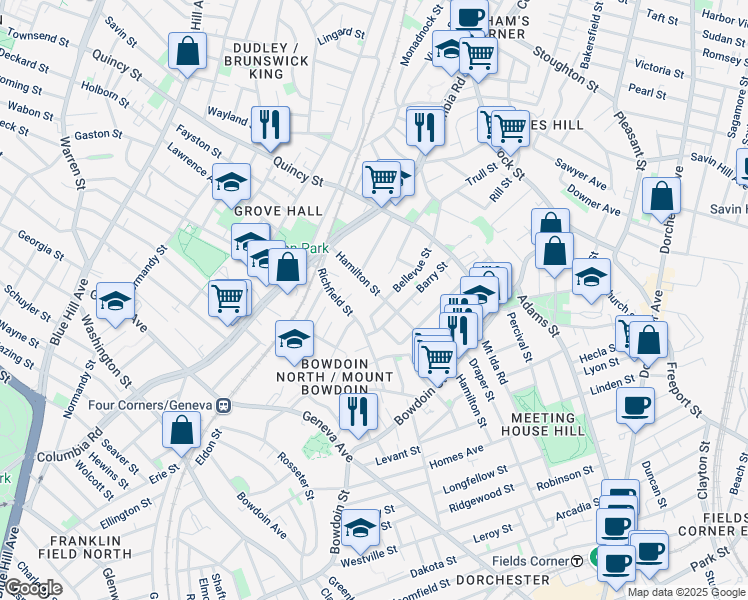 map of restaurants, bars, coffee shops, grocery stores, and more near 70 Stanley Street in Boston
