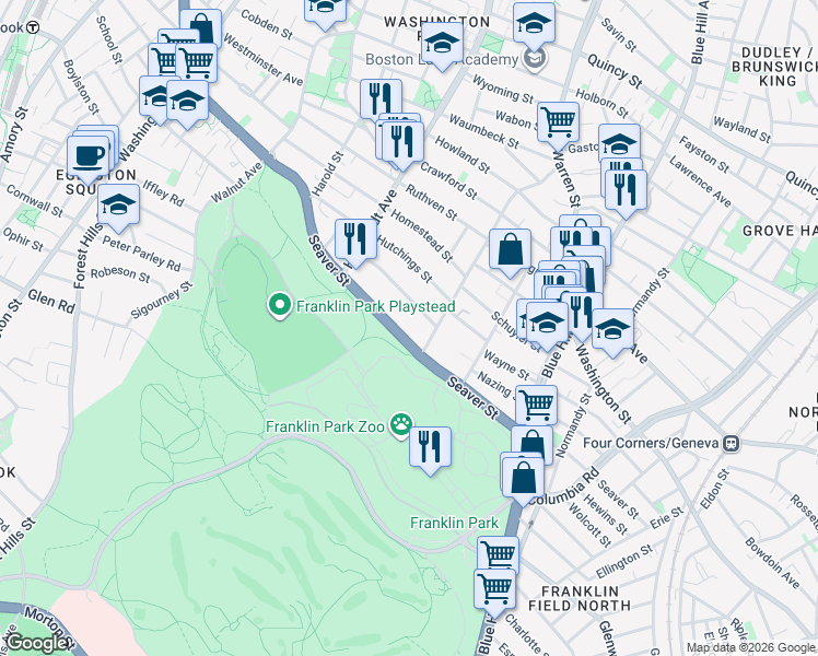 map of restaurants, bars, coffee shops, grocery stores, and more near 55 Brookledge Street in Boston