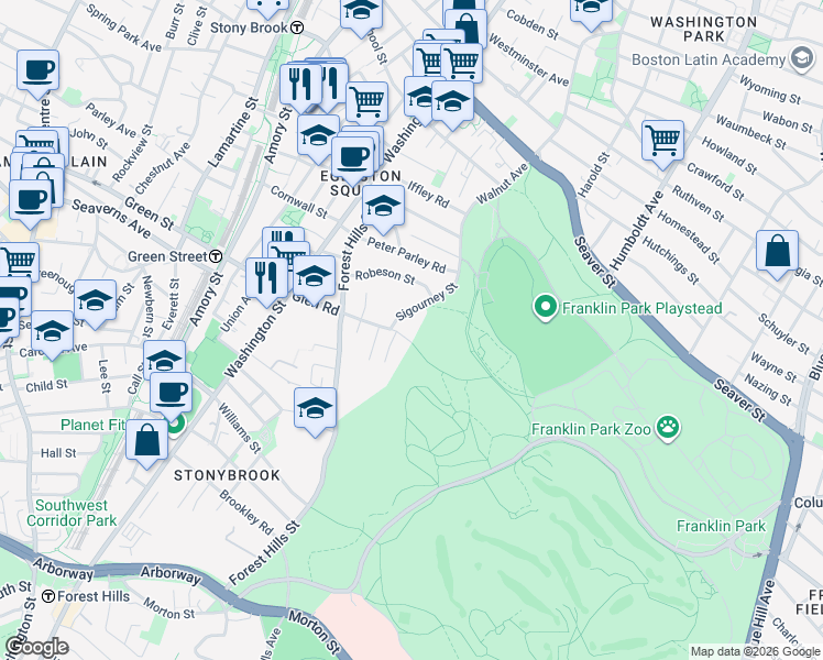 map of restaurants, bars, coffee shops, grocery stores, and more near 8 Sigourney Street in Boston