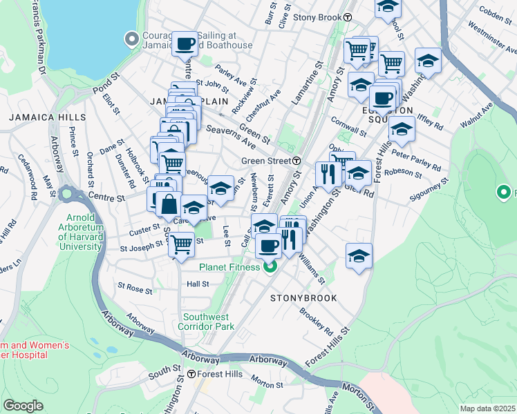 map of restaurants, bars, coffee shops, grocery stores, and more near 11 John A Andrew Street in Boston