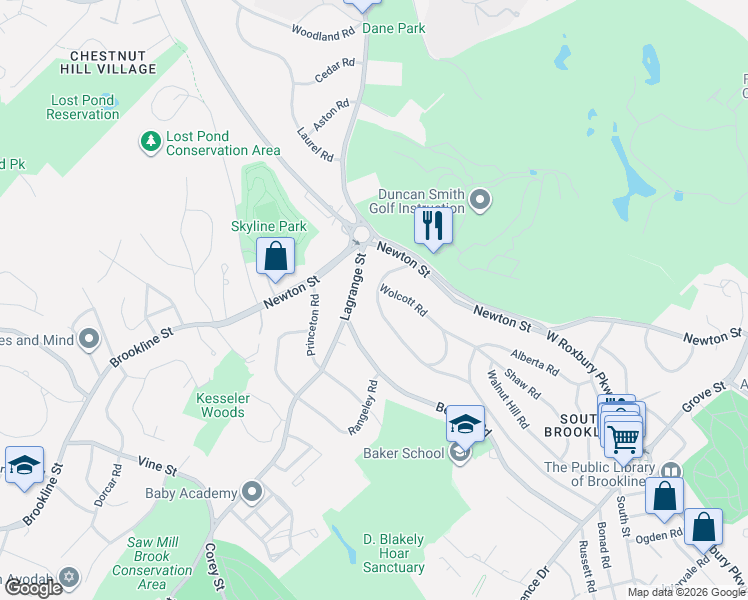 map of restaurants, bars, coffee shops, grocery stores, and more near 37 Wolcott Road in Brookline
