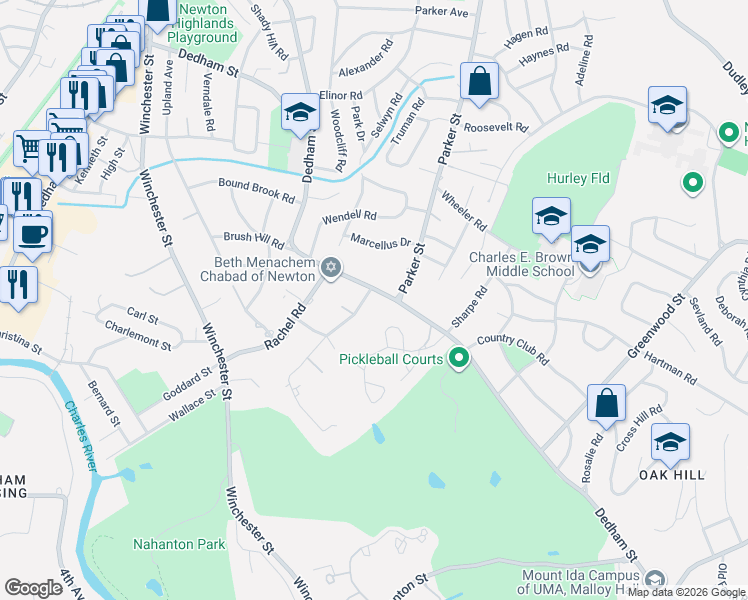 map of restaurants, bars, coffee shops, grocery stores, and more near 390 Dedham Street in Newton