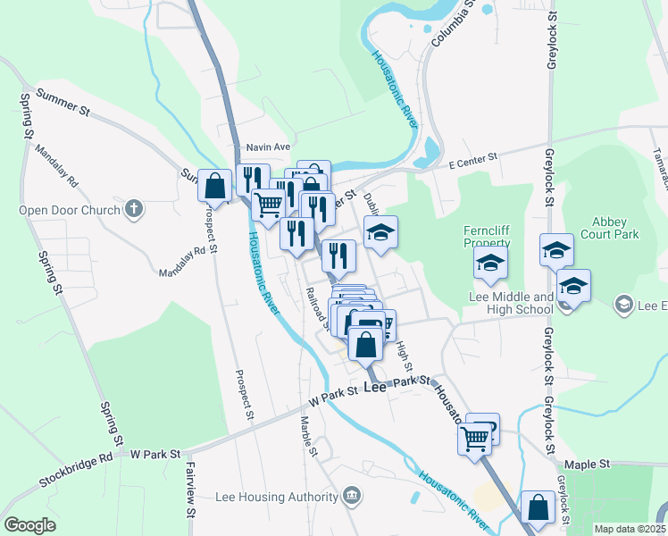 map of restaurants, bars, coffee shops, grocery stores, and more near 232 Main Street in Lee