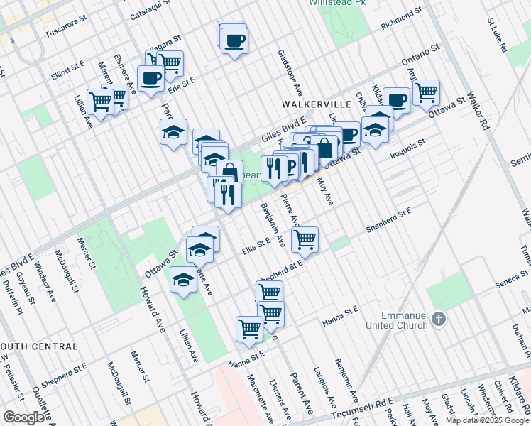 map of restaurants, bars, coffee shops, grocery stores, and more near 1300 Benjamin Avenue in Windsor