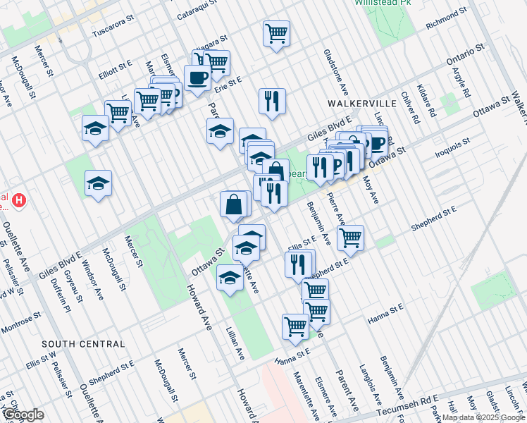 map of restaurants, bars, coffee shops, grocery stores, and more near 1267 Parent Avenue in Windsor