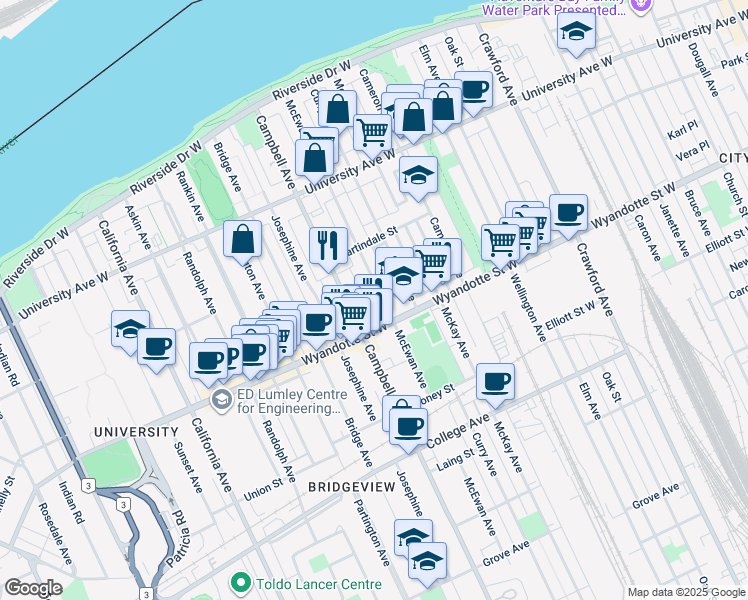 map of restaurants, bars, coffee shops, grocery stores, and more near 486 McEwan Avenue in Windsor