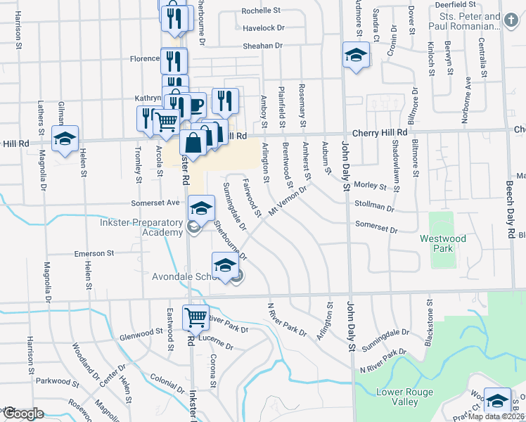 map of restaurants, bars, coffee shops, grocery stores, and more near 311 Arlington Street in Inkster
