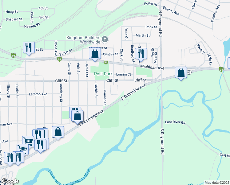 map of restaurants, bars, coffee shops, grocery stores, and more near 65 South Burdge Street in Battle Creek