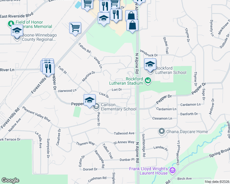 map of restaurants, bars, coffee shops, grocery stores, and more near 4324 Lori Drive in Rockford