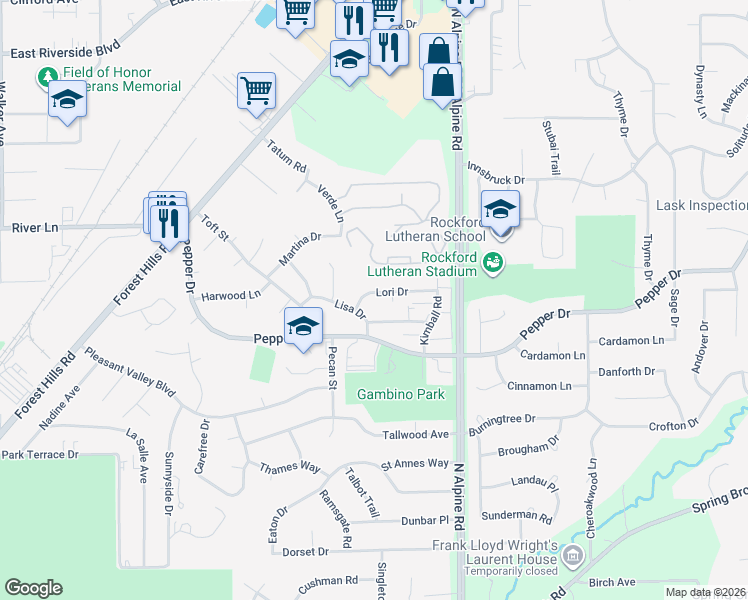 map of restaurants, bars, coffee shops, grocery stores, and more near 4324 Lori Drive in Rockford