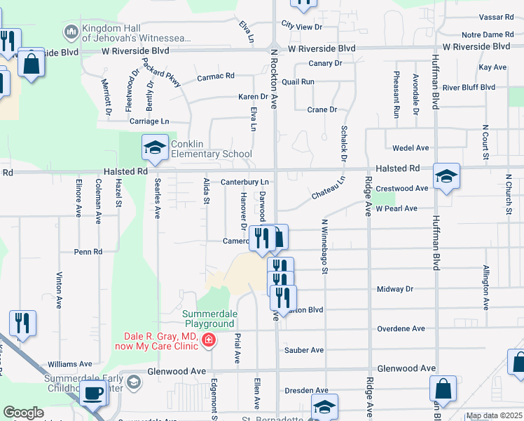 map of restaurants, bars, coffee shops, grocery stores, and more near 3315 Darwood Drive in Rockford