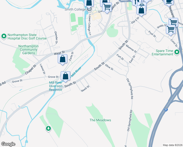 map of restaurants, bars, coffee shops, grocery stores, and more near 279 South Street in Northampton