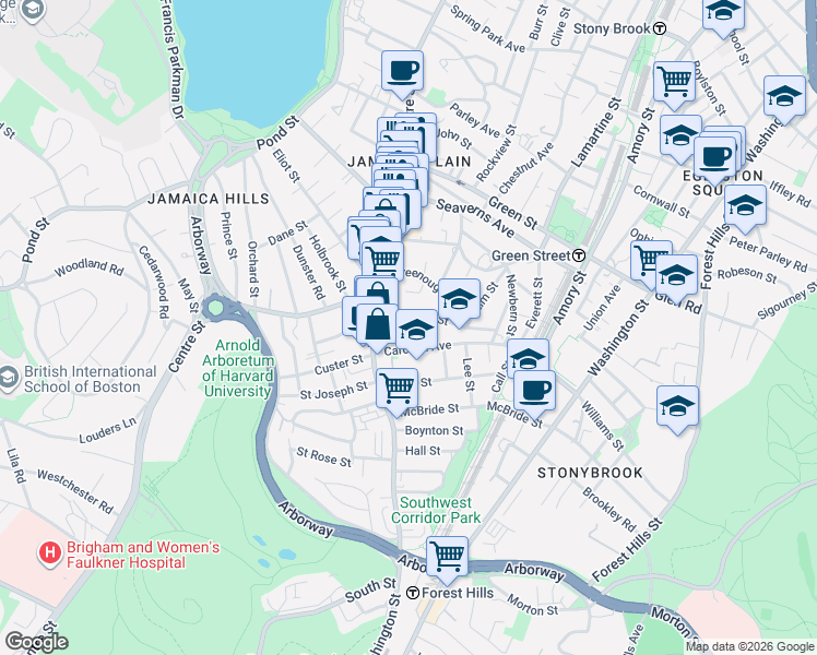 map of restaurants, bars, coffee shops, grocery stores, and more near 46 Sedgwick Street in Boston