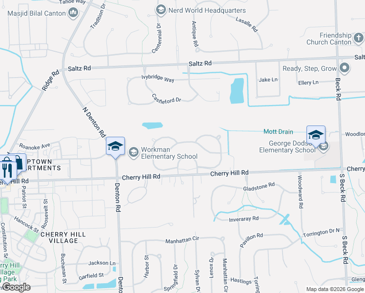 map of restaurants, bars, coffee shops, grocery stores, and more near 48922 Woodson Way in Canton