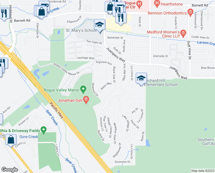 map of restaurants, bars, coffee shops, grocery stores, and more near 2448 Nieto Way in Medford