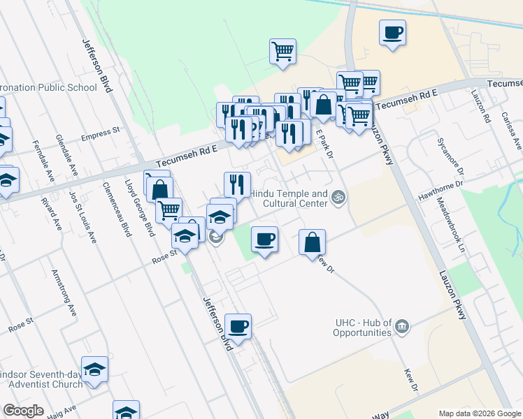 map of restaurants, bars, coffee shops, grocery stores, and more near 6690 Thornberry Crescent in Windsor