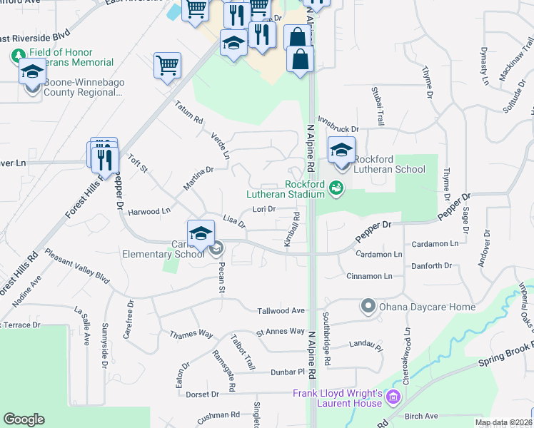 map of restaurants, bars, coffee shops, grocery stores, and more near 4335 Lori Drive in Rockford