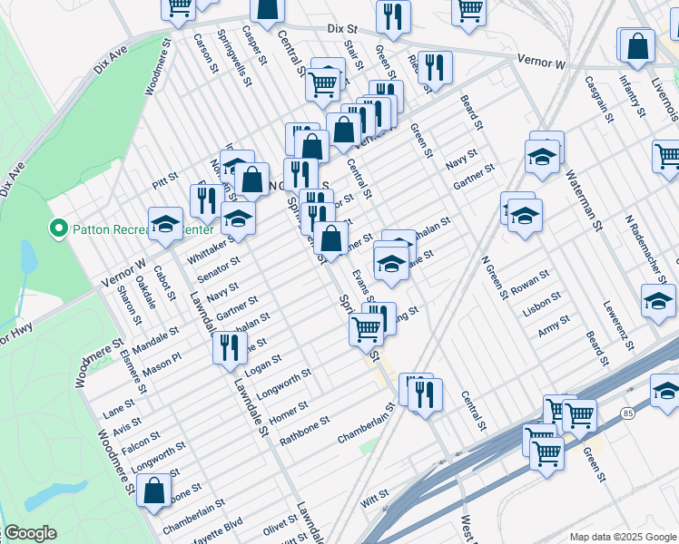 map of restaurants, bars, coffee shops, grocery stores, and more near 1688 Evans Street in Detroit