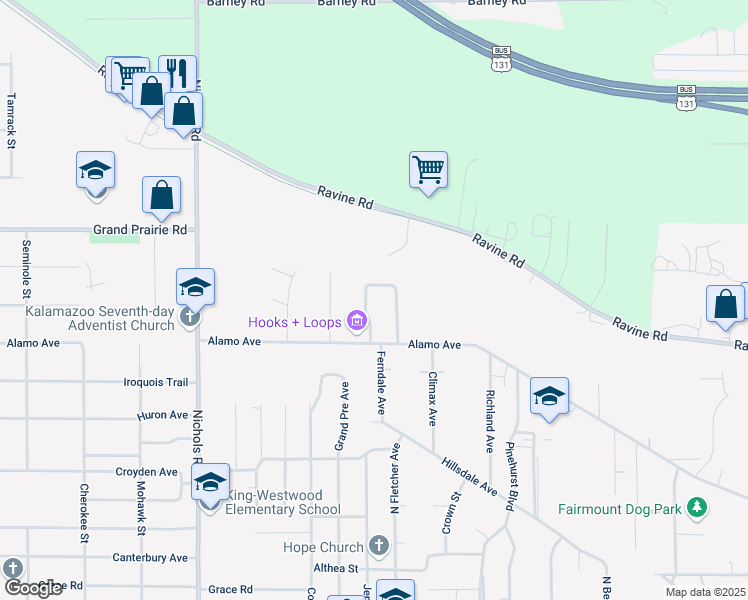 map of restaurants, bars, coffee shops, grocery stores, and more near 1729 Melcrest Street in Kalamazoo