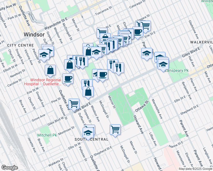 map of restaurants, bars, coffee shops, grocery stores, and more near 1170 Mercer Street in Windsor