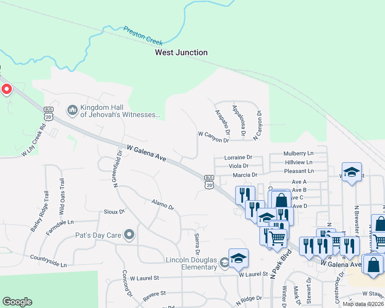 map of restaurants, bars, coffee shops, grocery stores, and more near 940 North Mesa Drive in Freeport