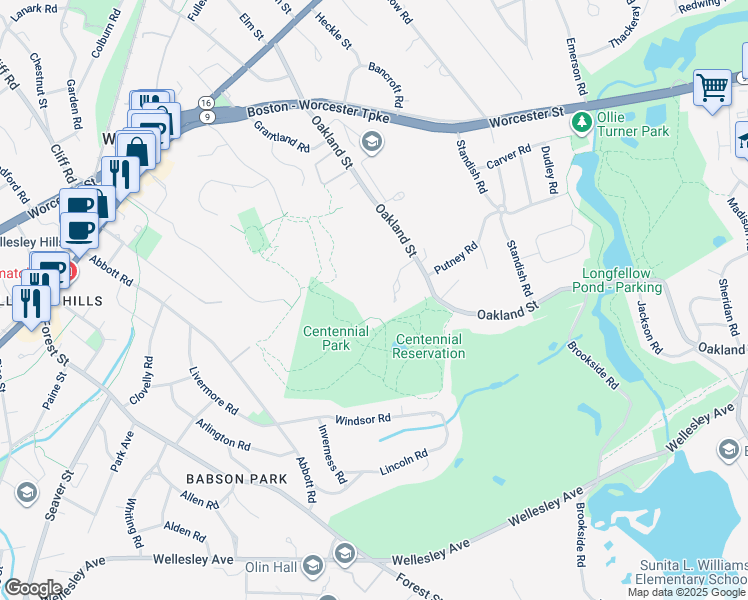 map of restaurants, bars, coffee shops, grocery stores, and more near 125 Oakland Street in Wellesley