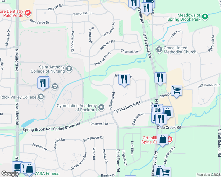 map of restaurants, bars, coffee shops, grocery stores, and more near 3318 Burlwood Drive in Rockford