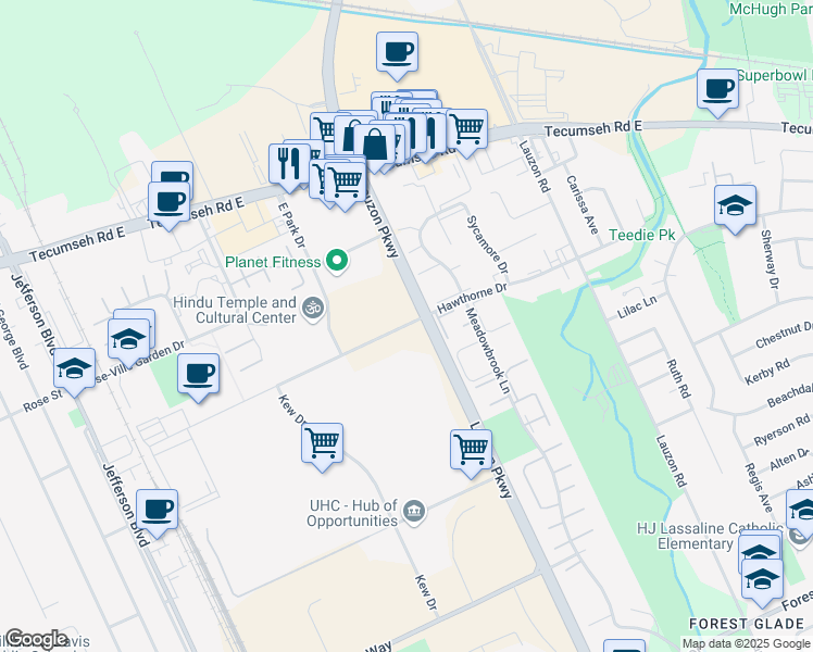map of restaurants, bars, coffee shops, grocery stores, and more near Hawthorne Drive in Windsor