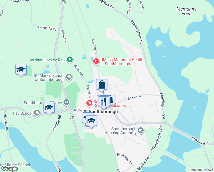 map of restaurants, bars, coffee shops, grocery stores, and more near 17 Newton Street in Southborough