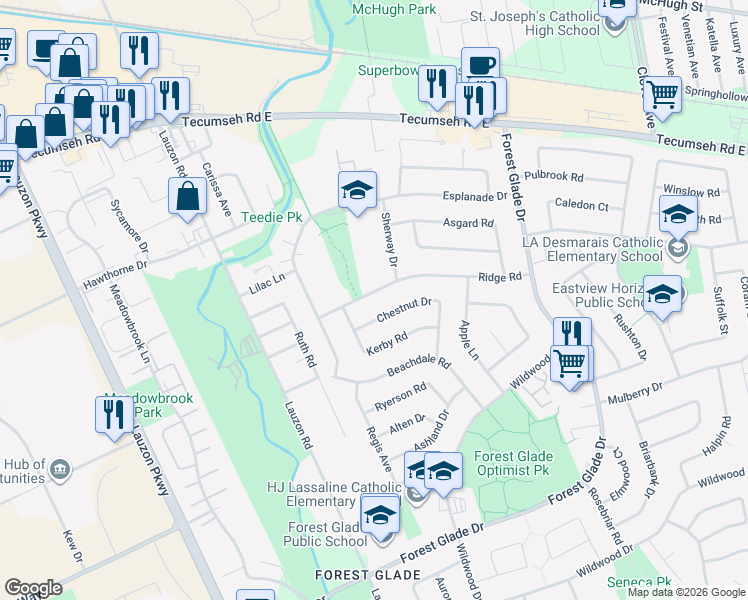 map of restaurants, bars, coffee shops, grocery stores, and more near 9470 Ridge Road in Windsor