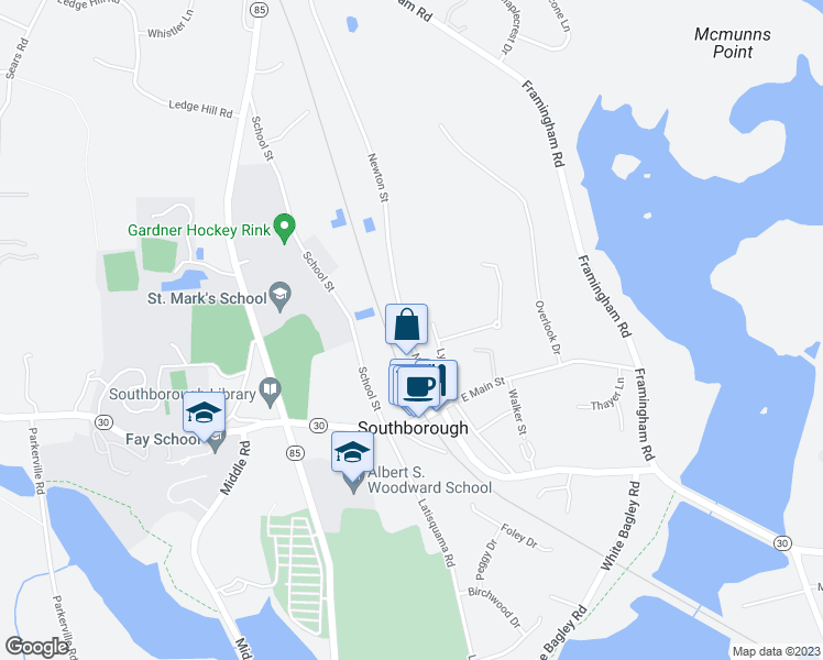 map of restaurants, bars, coffee shops, grocery stores, and more near 15 Newton Street in Southborough