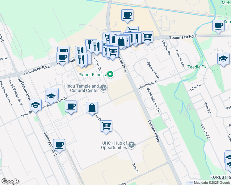 map of restaurants, bars, coffee shops, grocery stores, and more near 7150 Hawthorne Drive in Windsor