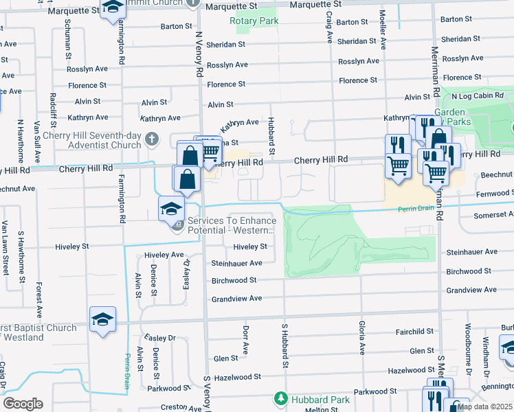 map of restaurants, bars, coffee shops, grocery stores, and more near 32514 Fernwood Street in Westland