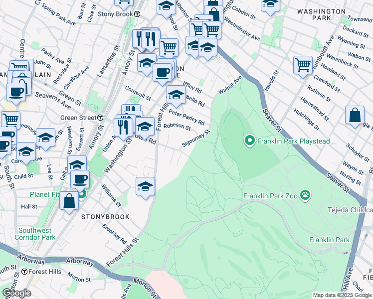 map of restaurants, bars, coffee shops, grocery stores, and more near 8 Sigourney Street in Boston