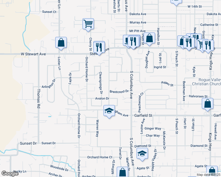 map of restaurants, bars, coffee shops, grocery stores, and more near 1457 Dixie Lane in Medford
