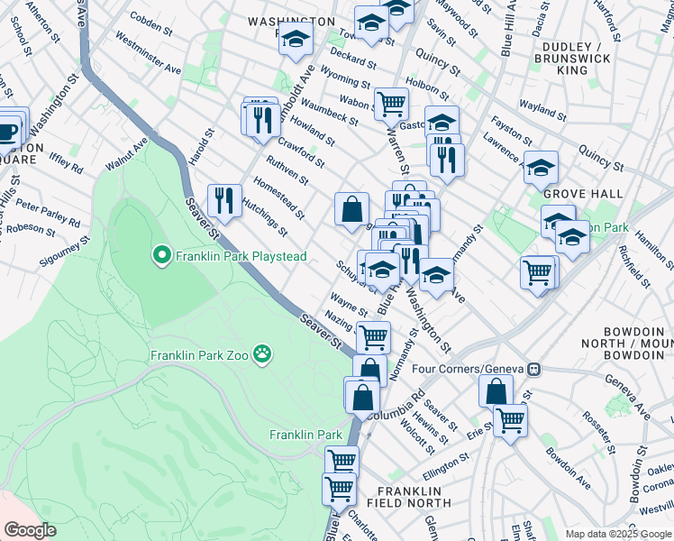 map of restaurants, bars, coffee shops, grocery stores, and more near 36 Schuyler Street in Boston