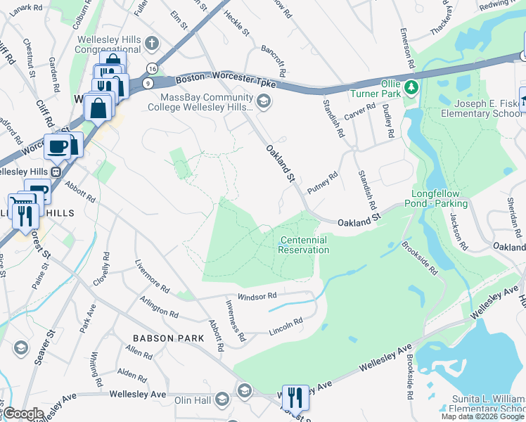 map of restaurants, bars, coffee shops, grocery stores, and more near 125 Oakland St in Wellesley