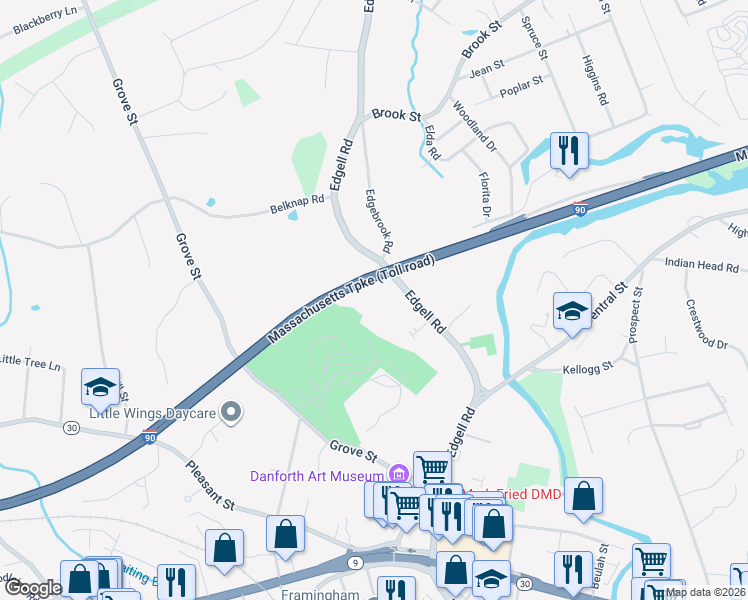 map of restaurants, bars, coffee shops, grocery stores, and more near 290 Edgell Road in Framingham