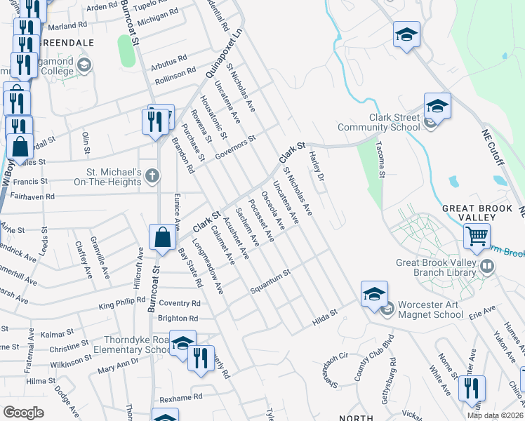 map of restaurants, bars, coffee shops, grocery stores, and more near 12 Osceola Avenue in Worcester