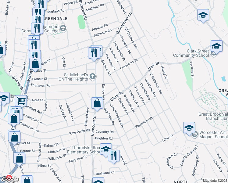 map of restaurants, bars, coffee shops, grocery stores, and more near 194 Fairhaven Road in Worcester
