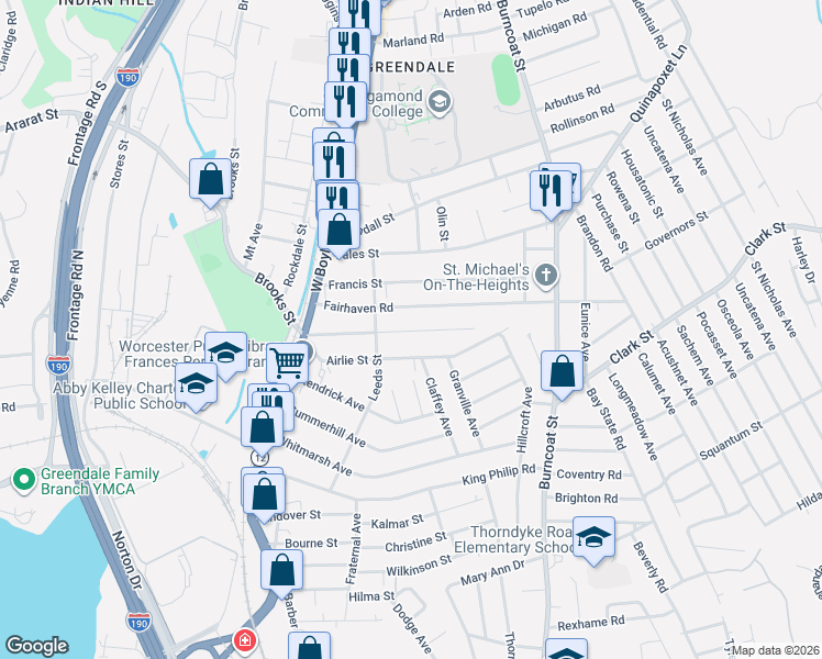 map of restaurants, bars, coffee shops, grocery stores, and more near 70 Fairhaven Road in Worcester