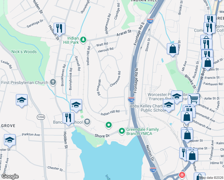 map of restaurants, bars, coffee shops, grocery stores, and more near 32 Cheyenne Road in Worcester