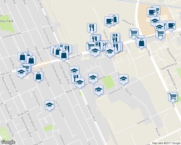 map of restaurants, bars, coffee shops, grocery stores, and more near 6344 Thornberry Crescent in Windsor
