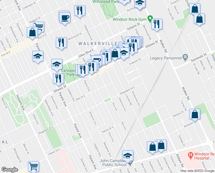 map of restaurants, bars, coffee shops, grocery stores, and more near 1380 Moy Avenue in Windsor