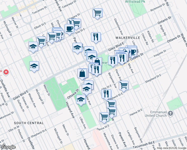 map of restaurants, bars, coffee shops, grocery stores, and more near 1267 Parent Avenue in Windsor