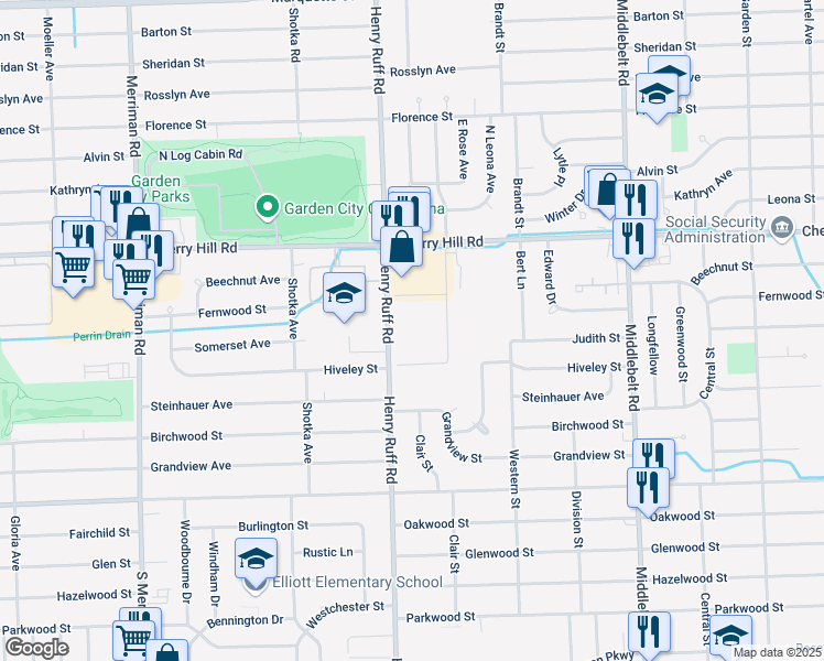 map of restaurants, bars, coffee shops, grocery stores, and more near 200 Cherry Hill Trail in Inkster