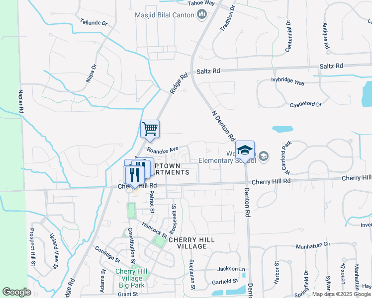 map of restaurants, bars, coffee shops, grocery stores, and more near 50069 Roanoke Avenue in Canton