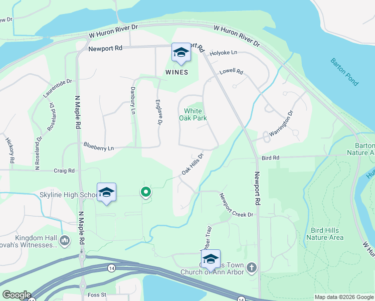 map of restaurants, bars, coffee shops, grocery stores, and more near 2632 English Oak Drive in Ann Arbor