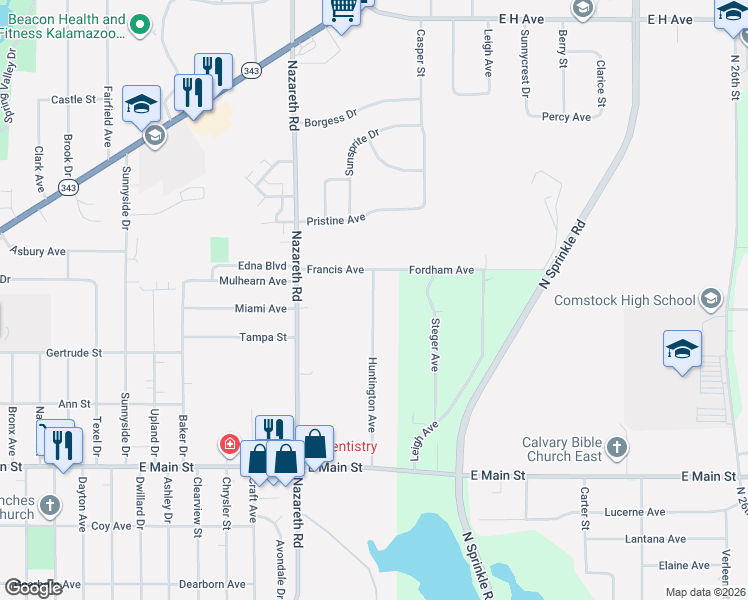 map of restaurants, bars, coffee shops, grocery stores, and more near 1825 Huntington Avenue in Kalamazoo