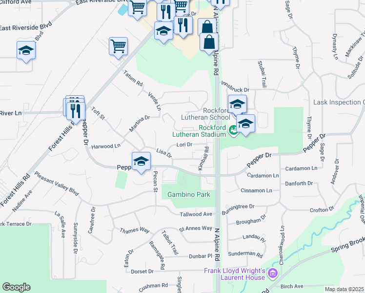 map of restaurants, bars, coffee shops, grocery stores, and more near 4324 Lori Drive in Rockford